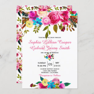 Vibrant roze Waterverf Floral Typografie Weddensch Kaart