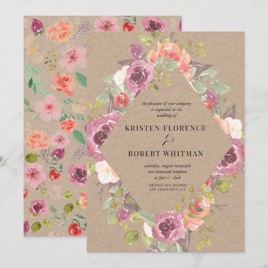 Vibrant Rustic Floral Kraft Wedding Uitnodiging (Voorkant / Achterkant)
