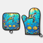 Vibrant Sea Turtle Reef Art Ovenwant & Pannenlap Set (Voorkant)