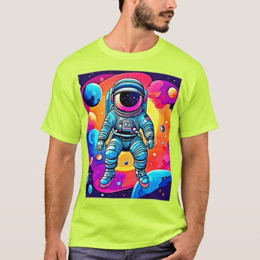 Vibrant Space Cartoon Art: Astronaut Dreams T-shirt (Voorkant)