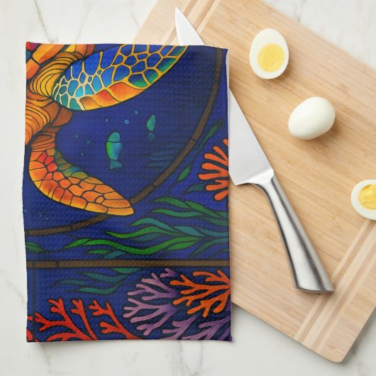 Vibrant Stained Glass Sea Turtle Ocean Design Theedoek (Quarter Fold)