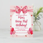 Vibrant Strawberry Coquette Bow Berry First Birthd Kaart (Staand voorkant)