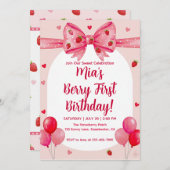 Vibrant Strawberry Coquette Bow Berry First Birthd Kaart (Voorkant / Achterkant)