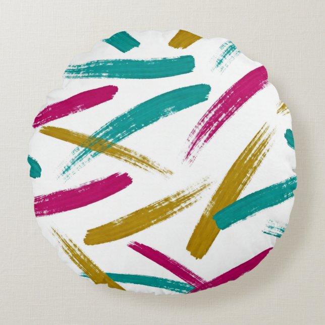 Vibrant Strokes,Teal, Magenta & Mustard pattern Rond Kussen (Voorkant)