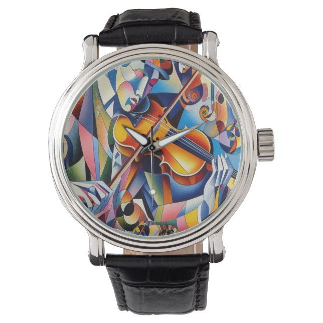 Vibrant Symphony: Abstract Violinist Art Horloge (Voorkant)