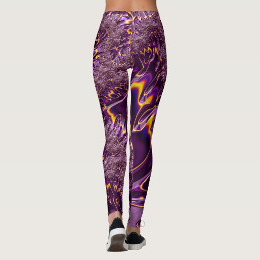 Vibrant Trippy Paars Yellow Groovy Fractal Art Leggings (Achterkant)