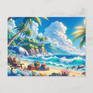 Vibrant Tropical Island Beach Waterverf Briefkaart