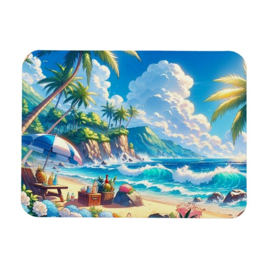 Vibrant Tropical Island Beach Waterverf Magneet (Horizontaal)