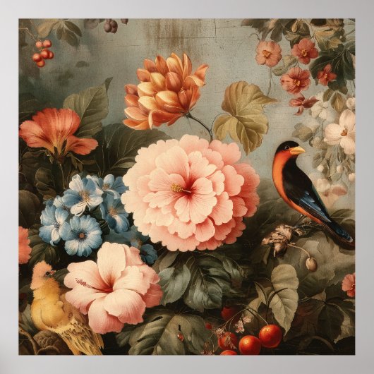 Vibrant Vintage Floral and Bird Scene Poster (Voorkant)