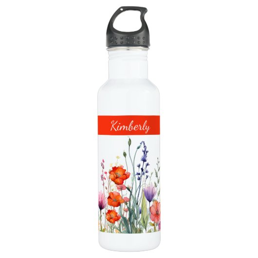 Vibrant Watercolor Wildflowers Personalized Waterfles (Voorkant)