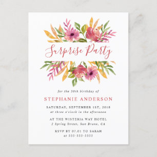 Vibrant Waterverf Floral Surprise Birthday Party Uitnodiging Briefkaart