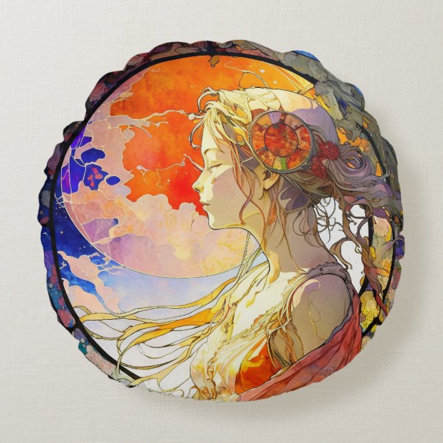 Vibrant Waterverf Girl Round Pillow Rond Kussen (Voorkant)