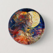 Vibrant Waterverf van Girl en Moon Button (Voorkant)