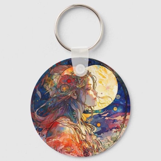 Vibrant Waterverf van Girl & Moon Sleutelhanger (Voorkant)