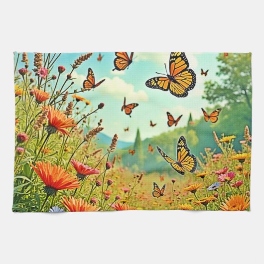 Vibrant Wildflower Butterfly Joy Design Theedoek (Horizontaal)