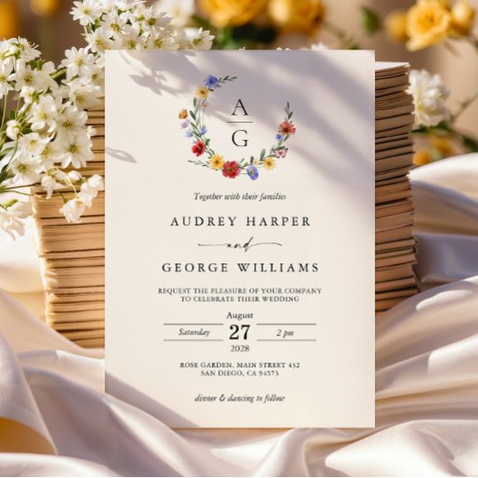 Vibrant Wildflower Crest Wedding Invitation