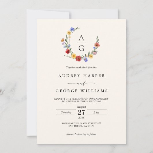Vibrant Wildflower Crest Wedding Invitation Kaart (Voorkant)