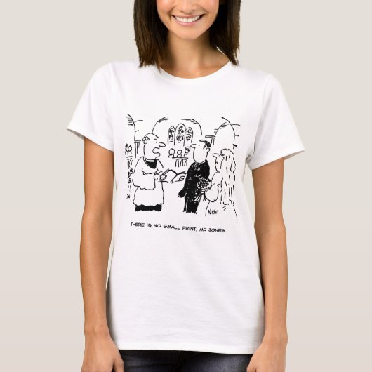 Vicar zegt dat er geen kleine lettertjes zijn. Gra T-shirt (Voorkant)