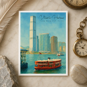 Victoria Harbour Hong Kong Retro Silhouet Feestdagenkaart