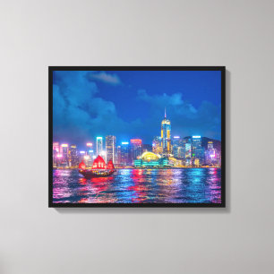 Victoria Harbour & Hong Kong Skyline bij nacht Canvas Afdruk