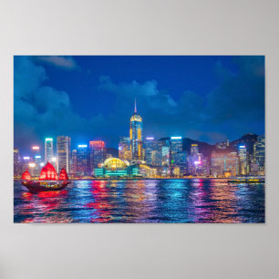 Victoria Harbour & Hong Kong Skyline bij nacht Poster