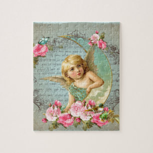 Victoriaans Angel blauw roos roze antiek Legpuzzel