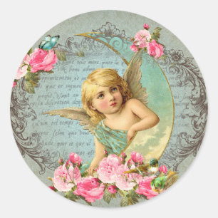 Victoriaans Angel  blauw roos roze antiek Ronde Sticker