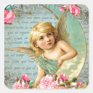 Victoriaans Angel  blauw roos roze antiek Vierkante Sticker