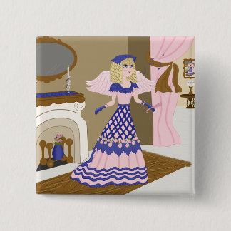 Victoriaans Angel Blue en Pink Singing by Fireplac Vierkante Button 5,1 Cm