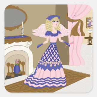 Victoriaans Angel Blue en Pink Singing by Fireplac Vierkante Sticker