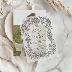 Victoriaans Barok Line Art Wedding Overlay Vellum Uitnodigingen