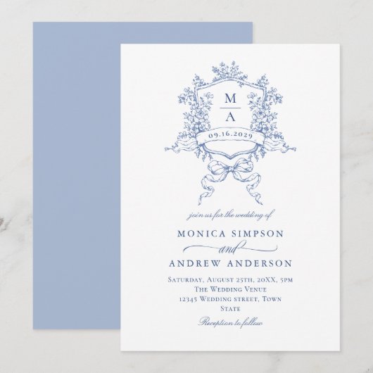 Victoriaans blauw bruiloft  bloemenkam kaart (Voorkant / Achterkant)