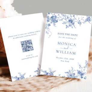 Victoriaans Blauw Frans Bloemen Huwelijk QR-code Save The Date