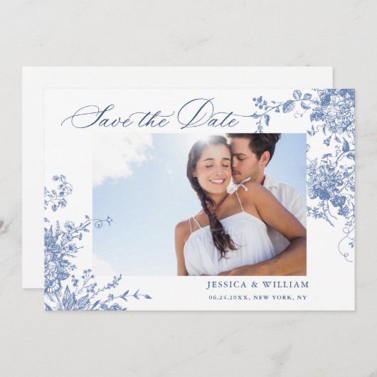 Victoriaans Blauw Frans Rozen Tuin QR code Bruilof Save The Date (Voorkant / Achterkant)