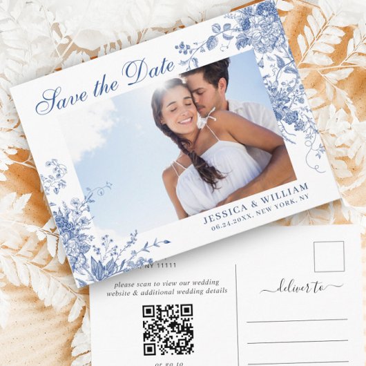 Victoriaans Blauw Frans Tuin Bruiloft Save the Dat Briefkaart