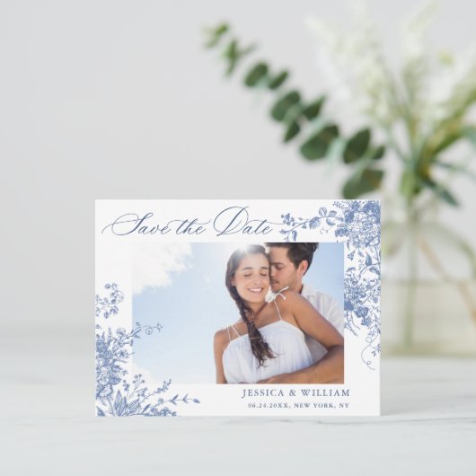 Victoriaans Blauw Frans Tuin Bruiloft Save the Dat Briefkaart (Staand voorkant)