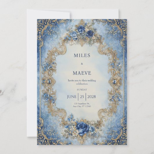 Victoriaans Blauw Roos & Gold Scroll Wedding Kaart (Voorkant)