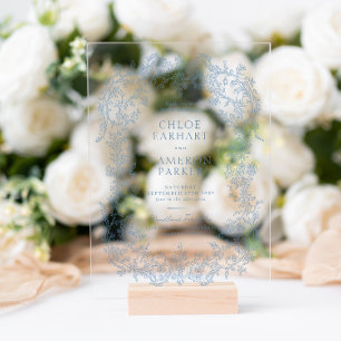 Victoriaans Blauwe Barok Line Art Wedding Acryl Uitnodigingen