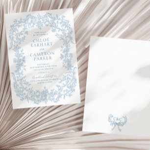 Victoriaans Blauwe Barok Line Art Wedding Kaart