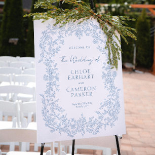 Victoriaans Blauwe Barok Line Art Wedding Poster