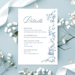 Victoriaans Bloemen Blauw bruiloft Details Informatiekaartje
