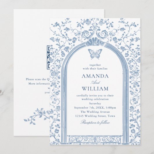  Victoriaans Bloemen Dusty Blue Sketch Wedding Kaart (Voorkant / Achterkant)