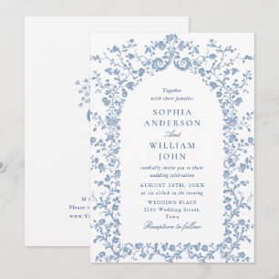 Victoriaans Bloemen Dusty Blue Sketch Wedding Kaart