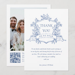 Victoriaans  Bloemen Dusty Blue Wedding QR-code Bedankkaart