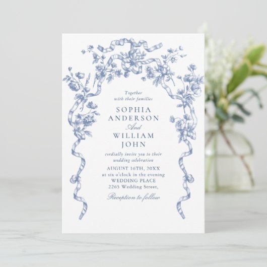 Victoriaans Bloemen Dusty Blue Wedding QR-code Kaart (Staand voorkant)