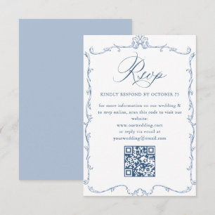 Victoriaans Bloemen Dusty Blue Wedding QR-code RSVP Kaartje
