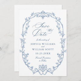 Victoriaans  Bloemen Dusty Blue Wedding QR-code Save The Date