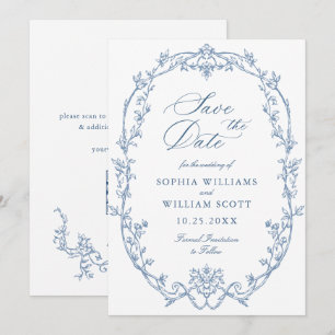 Victoriaans  Bloemen Dusty Blue Wedding QR-code Save The Date