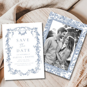Victoriaans Bloemen Stoffig Blauw Foto Franse brui Save The Date