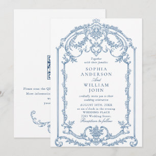 Victoriaans  Bloemen Stoffig Blauw QR code Trouwen Kaart